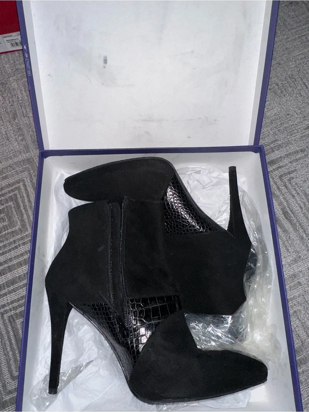 Stuart Weitzman Black Suede & Croc-Embossed Ankle Booties